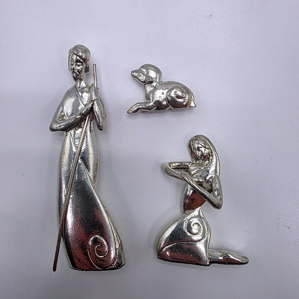 Modernist Silver Tone Nativity Figurines 3 Piece Set Joseph Mary Lamb Minimalist